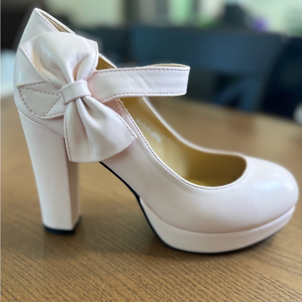 MAIERNISI JESSI Women's Platform Mary Jane Pumps with Bow, Block Heel, Pink SZ 9